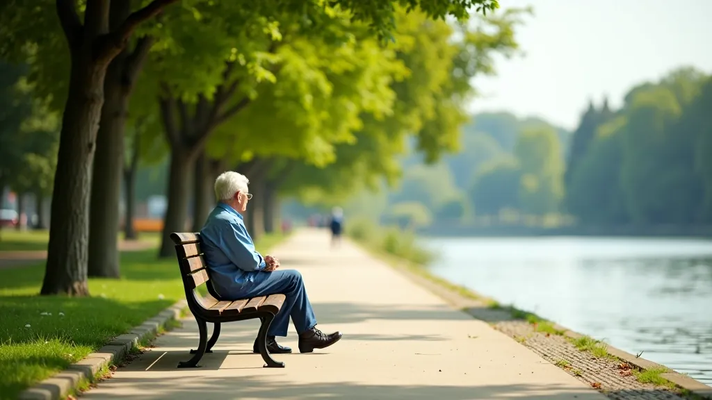 Říční promenáda s lavičkami podél vody a zelení na obou stranách